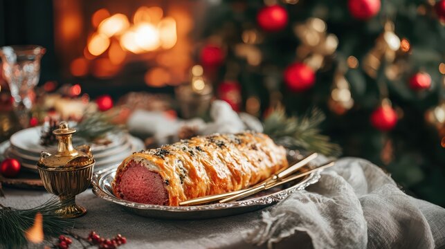 A golden beef Wellington sits on a silver platter against a festive Christmas backdrop. This classic holiday dish exudes warmth, elegance, and gourmet celebration.