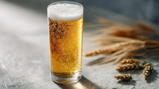 A tall glass of golden beer with frothy foam and rising bubbles sits beside wheat stalks. Refreshing lager highlights the brewing process with vibrant detail.