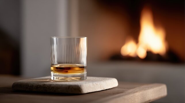 A classic tumbler of whiskey rests on textured wood by a glowing fireplace. The firelight and minimal rustic tones evoke warmth and calm winter evening vibes.