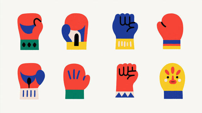 Colorful illustrated boxing gloves and fist icons in various styles and colors.