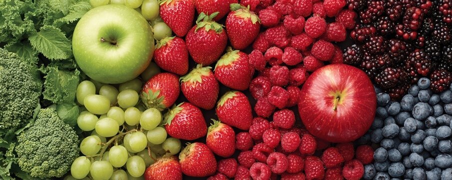 A vibrant panoramic close-up of assorted fruits and berries forms a seamless rainbow surface. Luminous, juicy textures and rich color transitions highlight premium freshness.