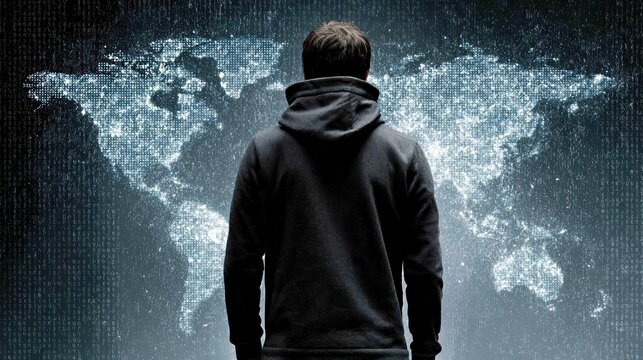 A hooded hacker stands before a glowing digital world map, surrounded by cascading binary code. This photorealistic scene embodies global cybersecurity threats and cyberpunk intrigue.