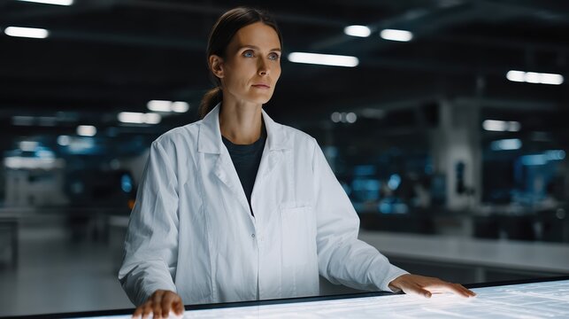 A female doctor uses a transparent tablet with a glowing holographic interface in a modern hospital. Futuristic medical technology is highlighted in blue and white tones.