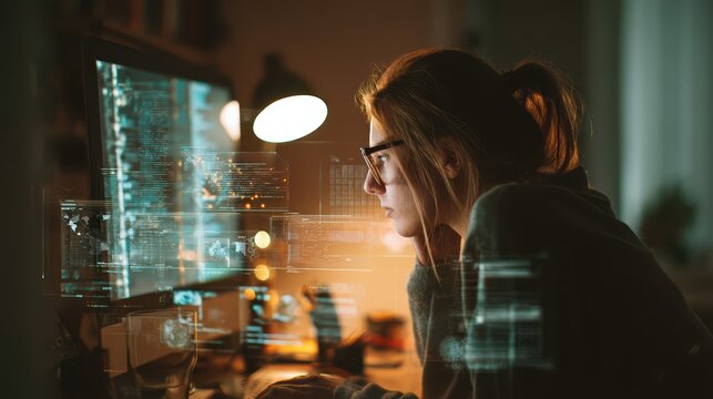A focused female programmer works late at her desk surrounded by digital code. The glow of computer screens highlights her intense concentration in a modern tech workspace.
