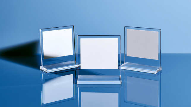 Three clear acrylic display stands with blank white and gray inserts on a reflective blue surface, showcasing versatility and modern design