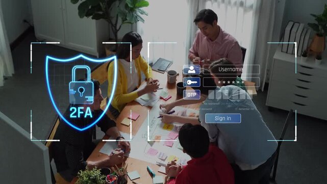A modern office scene depicting professionals engaged in a collaborative discussion with a focus on security measures like two-factor authentication for digital access. Raster