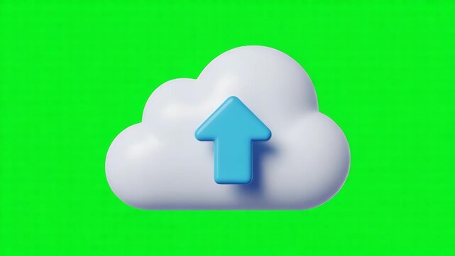 3D cloud upload icon with blue arrow animation on green screen background 4k video