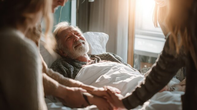 An elderly man lies peacefully in a hospital bed, surrounded by loving family. Warm sunlight and caring hands evoke comfort, compassion, and emotional support.