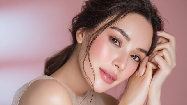 A radiant woman with flawless skin and soft makeup poses gracefully. Her glowing complexion and subtle blush highlight natural beauty and elegance.