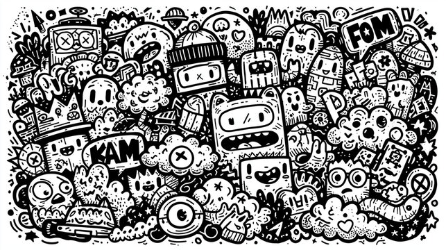 Colorful doodles of various playful monsters and characters in black and white.