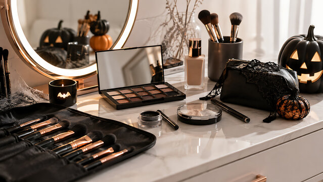 Halloween makeup vanity with pumpkins and cosmetics for festive beauty routines