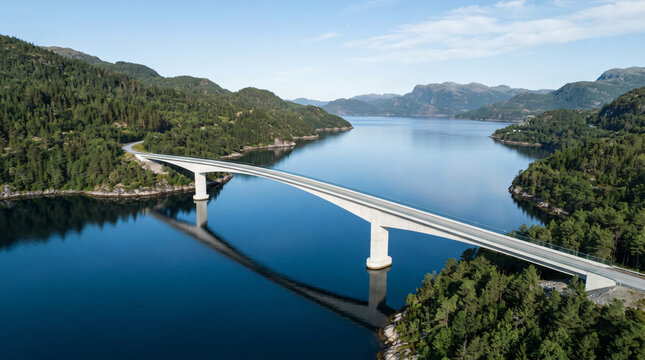 Cinematic drone view of a minimalist modern architectural bridge connecting two green forested lands over a deep blue sea fjord, clean concrete structures, crisp daylight, high-end travel 