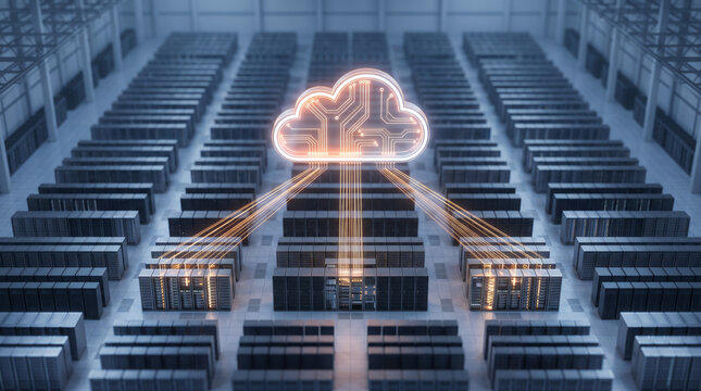 3D Render Concept of Cloud Computing Network, Global Data Center Servers, Cybersecurity Defense, and Multi-Cloud System Infrastructure