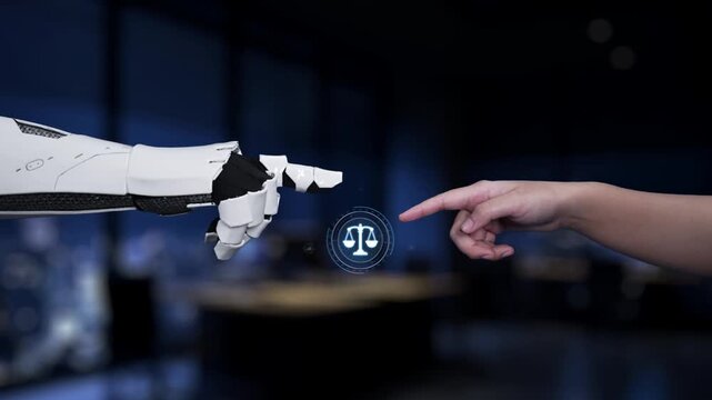 This image portrays an innovative convergence between law and technology, featuring a robot hand and a human hand engaging around scales of justice in a modern office setting. Synapse
