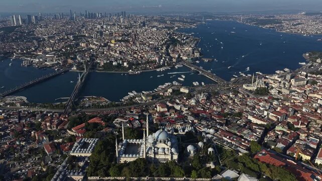 Cinematic Smooth Aerial Flight Featuring Suleymaniye Mosque and Golden Horn