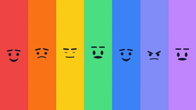 Colorful rainbow background with changing emoji facial expressions.
