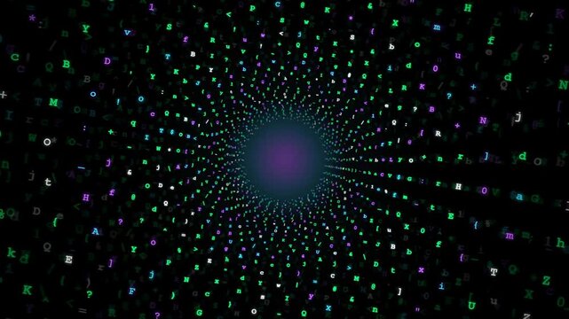 Abstract digital data tunnel with flowing colorful code and characters moving toward the center