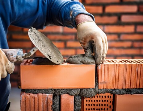 bricklayer applying mortar to a ceramic brick to build a masonry wall construction work focused on details and structure