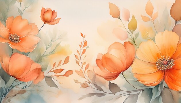 watercolor painting of peach and orange flowers soft dreamy aesthetic light background with subtle texture warm color palette floral artwork