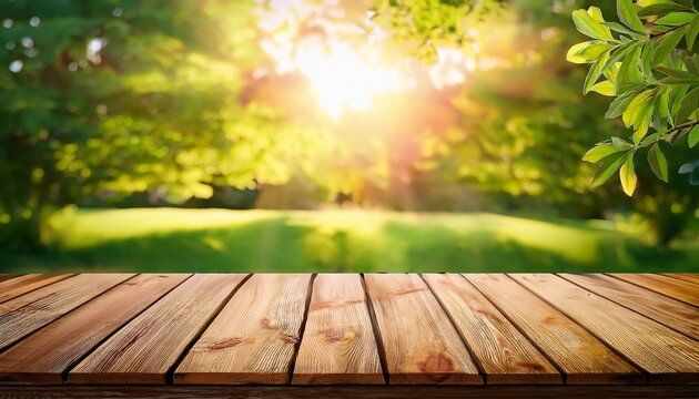 rustic wooden table surface in sunny garden weathered wood planks background empty outdoor tabletop with blurred green trees and bright sunlight