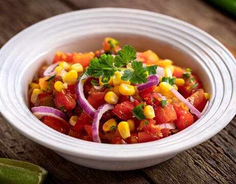 fresh chunky tomato salsa in a white bowl with red onions green cilantro and bright yellow corn sits on a rustic weathered wood surface green sauce yellow