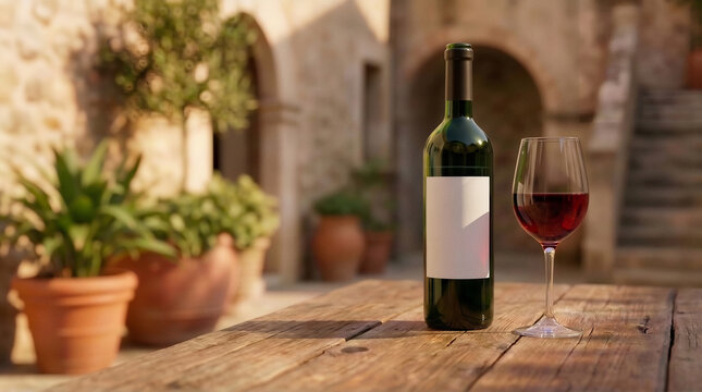 Premium Wine Bottle Mockup with Blank Label in Mediterranean Style