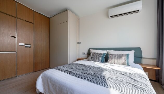 modern bedroom interior bed in the middle of the room air conditioning in the room relaxation minimalism space