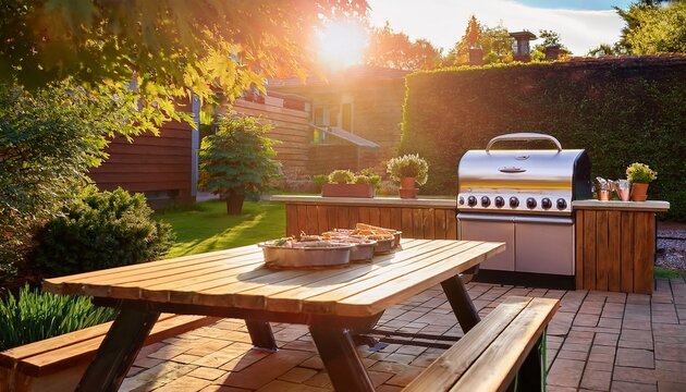 sun drenched backyard garden with wooden picnic table modern gas grill on stone patio outdoor dining area in golden hour light