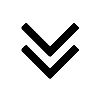 Bold black double downward arrow symbol with a simple minimal design, isolated on a transparent background.