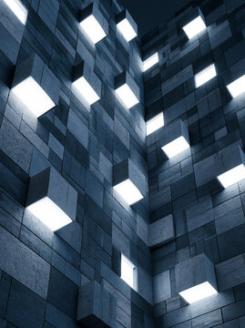 A conceptual architectural sketch of a dark, stone-textured wall featuring protruding geometric cubes illuminated by soft, bright internal lighting.