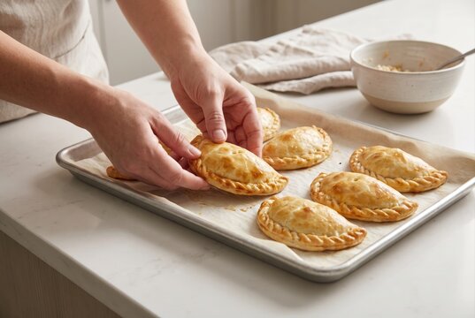 Baker arranging freshly baked empanadas on a baking sheet