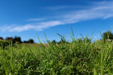 Obraz premium Green grass field low angle view with blue sky and sun on sunny summer day, nature background