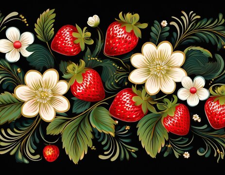 traditional russian khokhloma painting style border featuring red strawberries green leaves and white flowers on a solid black background