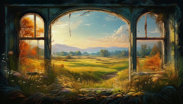 abandoned rural landscape through old windows