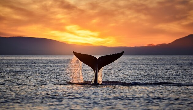 whale tail appearing from ocean waters at dawn
