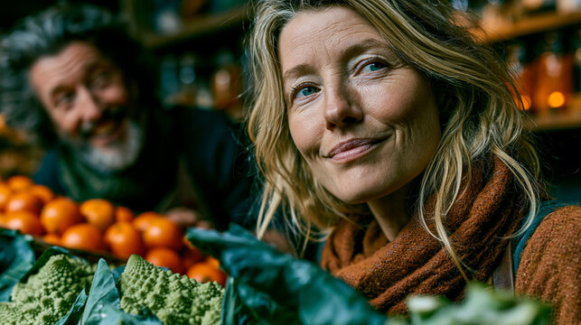 Detailed close-up portrait of a woman looking aside with a gentle smile, standing behind a market display of fresh romanesco broccoli and bright oranges at a local market.