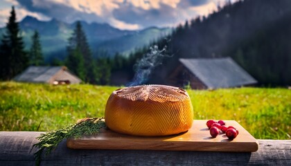 smoked oscypek cheese on a wooden board with grilled char marks and cranberries rustic smokehouse in tatra mountains in background alpine meadow light artisanal food still life cinematic color © Krystal