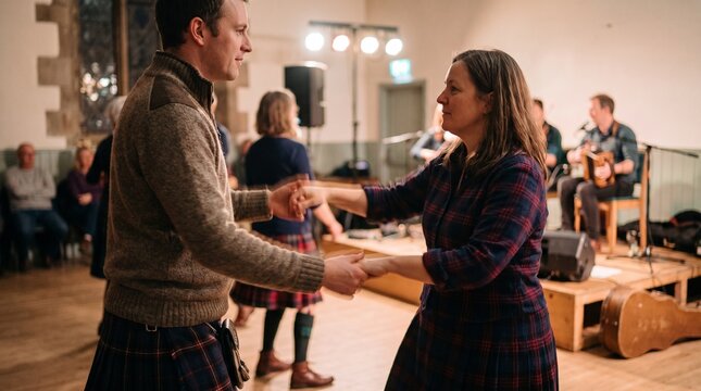 Ceilidh partners turn beside a warm folk music platform