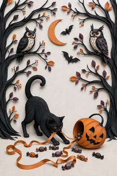 Black cat pulls ribbon from Halloween pumpkin in paper art