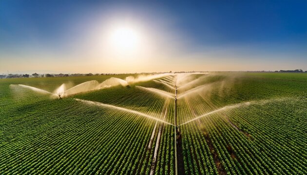 modern automated irrigation nozzles spray fresh water over rows of green crops under a bright hazy sun during a harsh summer heatwave precision sustainability harvest