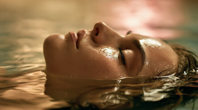 A close-up photograph of only the face of a woman relaxing in water, with wet skin shimmering under soft ambient lighting.