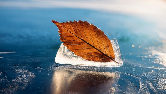 preserved a single dried leaf preserved within clear ice on a frozen lake esg reports sustainability campaigns designed for sustainability communications and esg reporting used by ui designers