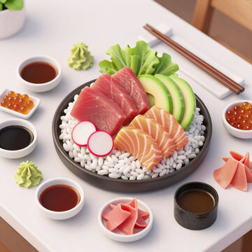 3D Game Sushi Appetizing. Bird'S-Eye View Of Sushi Ingredients On A Table Ready For Cooking