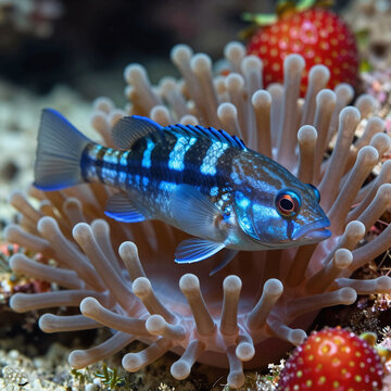 Vector Art Strawbery Anemones. Blue Goby On Strawberry Anemones