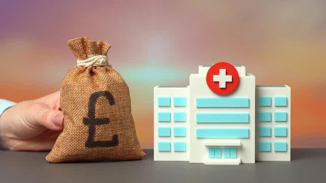 The british pound moneybag and the hospital. Budgetary expenditures on healthcare. Investments in medicine and taxes on private health. Government finance, insurance, and medical economics discussions