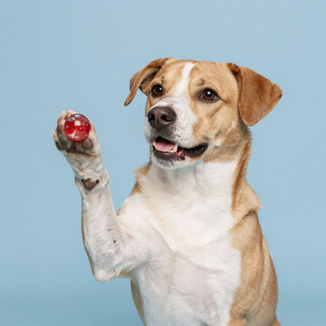 Cute Pastel Marble Nose. Red Marble-Accented Dog Paw Wave On Blue Studio Background