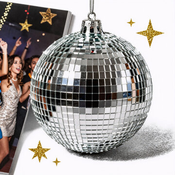 Charcoal Drawing Collage Xmas. Modern, Trendy Disco Ball Collage Element With Gold Glitter Stars, Set Against A White Background