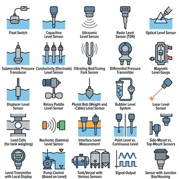 Sensors showcase various industrial level measurement technologies including float switches, capacitive probes, ultrasonic waves, radar pulses, and optical systems for liquid management within.