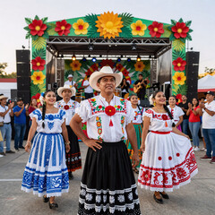 Obraz premium Holographic Hispanic Art. A Vibrant, Latin Folk Festival Showcases Hispanic Culture And Heritage, Adorned With Traditional Ethnic Floral Ornamentations Amidst Tropical Flowers