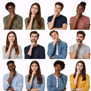 Storybook Illustration Collage Uncertainty. A Diverse Group Of Young People Ponder A Question, Each With A Thoughtful Expression And Smile On White Striped Background